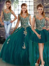 High Class Peacock Green Sleeveless Floor Length Beading and Appliques Lace Up Quinceanera Dresses