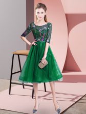 Superior Dark Green Empire Scoop Half Sleeves Tulle Knee Length Lace Up Embroidery Damas Dress