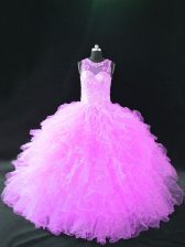 Customized Beading and Ruffles Quinceanera Dresses Lilac Lace Up Sleeveless Floor Length