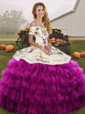  Fuchsia Ball Gowns Organza Off The Shoulder Sleeveless Embroidery and Ruffled Layers Floor Length Lace Up Ball Gown Prom Dress