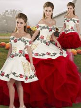  Off The Shoulder Sleeveless Tulle Quince Ball Gowns Embroidery and Ruffles Lace Up