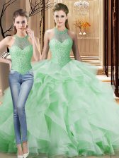 Best Apple Green Halter Top Neckline Beading and Ruffles Vestidos de Quinceanera Sleeveless Lace Up