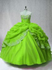  Green Ball Gowns Beading and Appliques and Pick Ups Sweet 16 Dress Lace Up Organza Long Sleeves Floor Length
