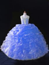 Perfect Blue Zipper Pageant Dresses Beading and Ruffles and Pick Ups Sleeveless Floor Length