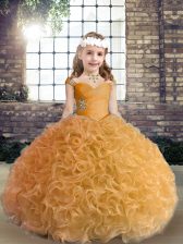Modern Gold Fabric With Rolling Flowers Lace Up Little Girls Pageant Gowns Sleeveless Floor Length Beading