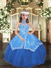  High-neck Sleeveless Kids Pageant Dress Floor Length Embroidery Blue Tulle