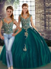 Trendy Tulle Straps Sleeveless Lace Up Beading and Appliques Quinceanera Dress in Peacock Green