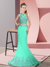 Hot Selling Apple Green Zipper Prom Party Dress Beading and Appliques Sleeveless Sweep Train