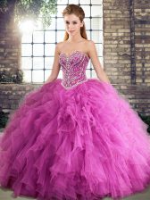 Shining Rose Pink Sleeveless Beading and Ruffles Floor Length Ball Gown Prom Dress
