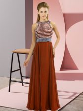 Cute Floor Length Rust Red Prom Gown Scoop Sleeveless Side Zipper