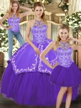 Romantic Purple Satin and Tulle Lace Up Quince Ball Gowns Sleeveless Floor Length Beading and Embroidery