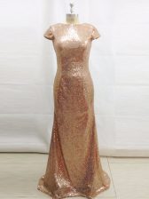  Short Sleeves Brush Train Backless Sequins Dress for Prom