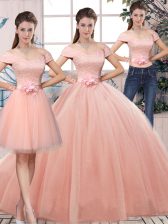  Tulle Short Sleeves Floor Length Quince Ball Gowns and Lace and Hand Made Flower