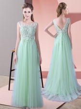 Simple Apple Green Sleeveless Beading and Lace Zipper Quinceanera Court Dresses