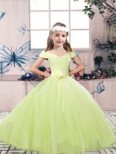  Tulle Off The Shoulder Sleeveless Lace Up Lace and Belt Little Girls Pageant Dress in Yellow Green