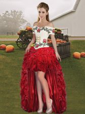  Red A-line Off The Shoulder Sleeveless Organza High Low Lace Up Embroidery and Ruffles Homecoming Dress