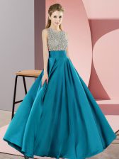 Adorable Scoop Sleeveless Homecoming Dress Floor Length Beading Teal Elastic Woven Satin