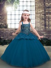 Dramatic Blue Lace Up Pageant Dresses Beading Sleeveless Floor Length