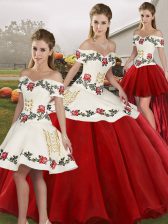 Designer Ball Gowns 15 Quinceanera Dress White And Red Off The Shoulder Organza Sleeveless Floor Length Lace Up