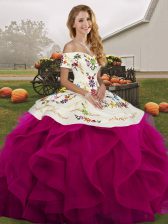  Off The Shoulder Sleeveless Ball Gown Prom Dress Floor Length Embroidery and Ruffles Fuchsia Tulle