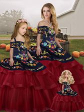 Chic Wine Red Quinceanera Dresses Tulle Brush Train Sleeveless Embroidery and Ruffled Layers