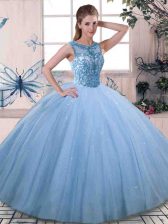 Beautiful Scoop Sleeveless Lace Up Quinceanera Dresses Blue Tulle