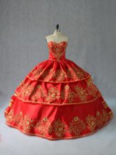  Red Satin Lace Up Quinceanera Gowns Sleeveless Floor Length Embroidery and Ruffled Layers