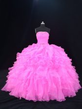  Pink and Rose Pink Quinceanera Dress Sweet 16 and Quinceanera with Beading and Ruffles Strapless Sleeveless Lace Up