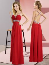  Floor Length Red Homecoming Dress Chiffon Sleeveless Beading
