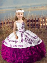 Fantastic Fuchsia Kids Pageant Dress Wedding Party with Embroidery and Ruffles Straps Sleeveless Lace Up