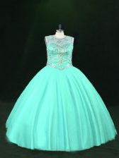 Noble Turquoise Scoop Lace Up Beading Ball Gown Prom Dress Sleeveless