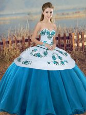 High Class Embroidery and Bowknot Quinceanera Dress Blue And White Lace Up Sleeveless Floor Length