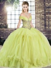  Floor Length Yellow Green Sweet 16 Dresses Off The Shoulder Sleeveless Lace Up