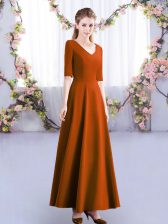Colorful Rust Red Empire Satin V-neck Half Sleeves Ruching Ankle Length Zipper Quinceanera Dama Dress