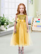  Organza Sleeveless Tea Length Flower Girl Dress and Sequins and Hand Made Flower