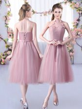 On Sale Appliques and Belt Court Dresses for Sweet 16 Pink Lace Up Sleeveless Tea Length