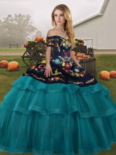 Beauteous Teal Sleeveless Brush Train Embroidery and Ruffled Layers Ball Gown Prom Dress