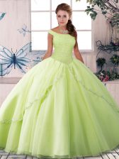 Fantastic Yellow Green Off The Shoulder Lace Up Beading Quinceanera Dress Brush Train Sleeveless