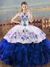 Beautiful Sleeveless Organza Floor Length Lace Up Quinceanera Gowns in Blue And White with Embroidery and Ruffles