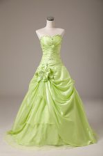 Chic Yellow Green Sleeveless Beading and Hand Made Flower Floor Length Vestidos de Quinceanera