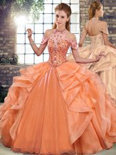 Super Halter Top Sleeveless Lace Up Sweet 16 Quinceanera Dress Orange Organza