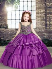  Purple Ball Gowns Taffeta Straps Sleeveless Beading Floor Length Lace Up Pageant Gowns For Girls