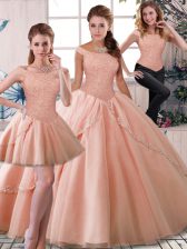 Beauteous Brush Train Three Pieces Sweet 16 Dresses Peach Off The Shoulder Tulle Sleeveless Lace Up
