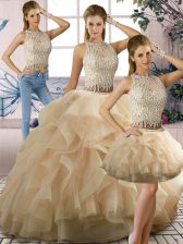 Attractive Two Pieces Sweet 16 Dresses Champagne Scoop Tulle Sleeveless Floor Length Zipper
