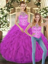 Gorgeous Fuchsia Halter Top Lace Up Beading and Ruffles Quinceanera Gowns Sleeveless