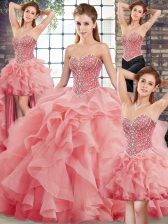 Suitable Watermelon Red Sweetheart Neckline Beading and Ruffles Sweet 16 Quinceanera Dress Sleeveless Lace Up