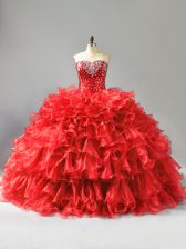  Red Ball Gowns Organza Sweetheart Sleeveless Beading and Ruffles and Sequins Floor Length Lace Up Quinceanera Gown