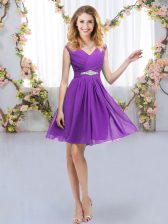 Charming Eggplant Purple V-neck Zipper Belt Dama Dress Sleeveless