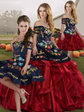  Red And Black Sleeveless Embroidery and Ruffles Floor Length Quinceanera Dress