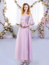 Elegant Lavender Tulle Side Zipper Off The Shoulder Half Sleeves Floor Length Vestidos de Damas Lace and Belt